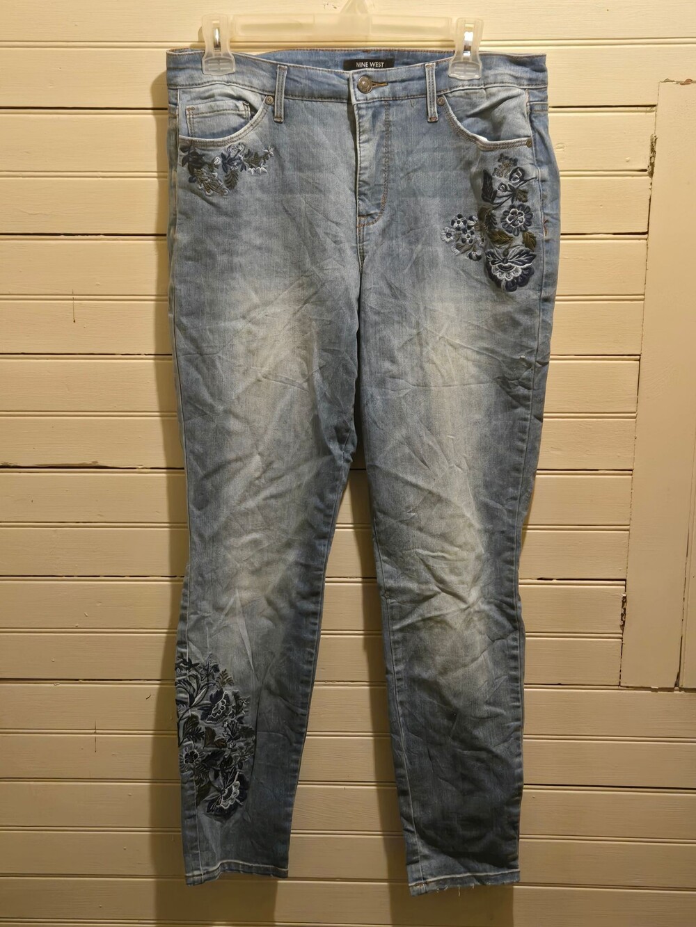 Nine West Jeans Womens 10 Gramercy Skinny Embroidered Floral Light Wash